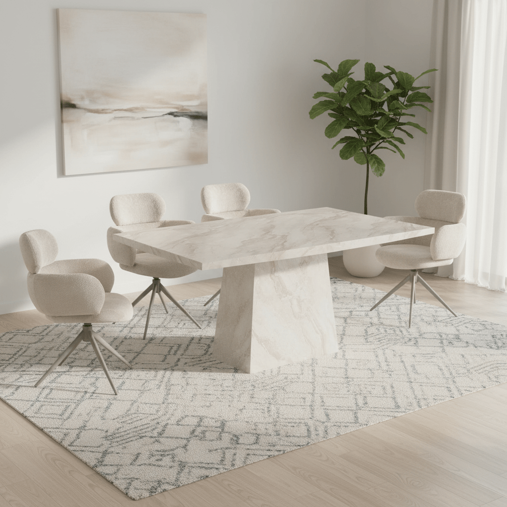 Sirius 160cm Taupe Marble Dining Table with 4 Fabric Swivel Chairs