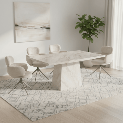 Sirius 160cm Taupe Marble Dining Table with 4 Fabric Swivel Chairs