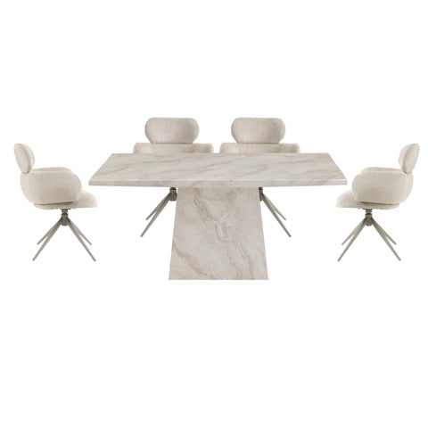 Apollo 200cm Fixed Top Taupe Marble Dining Table with 6 Beige Fabric Swivel Chairs - Pendle Village Furniture