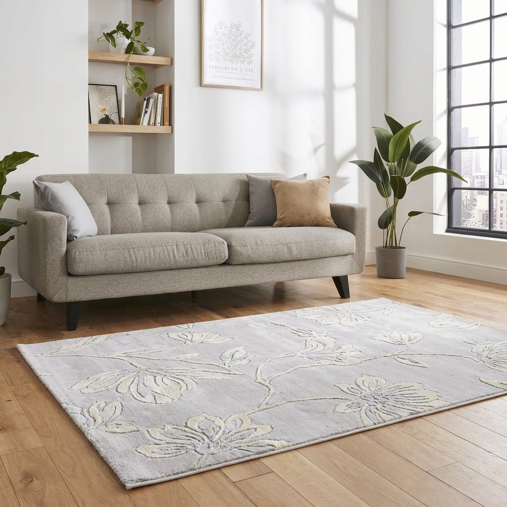 Apollo 2677 Modern Abstract Rug in Grey/Gold styled in a beautiful room in front of sofa