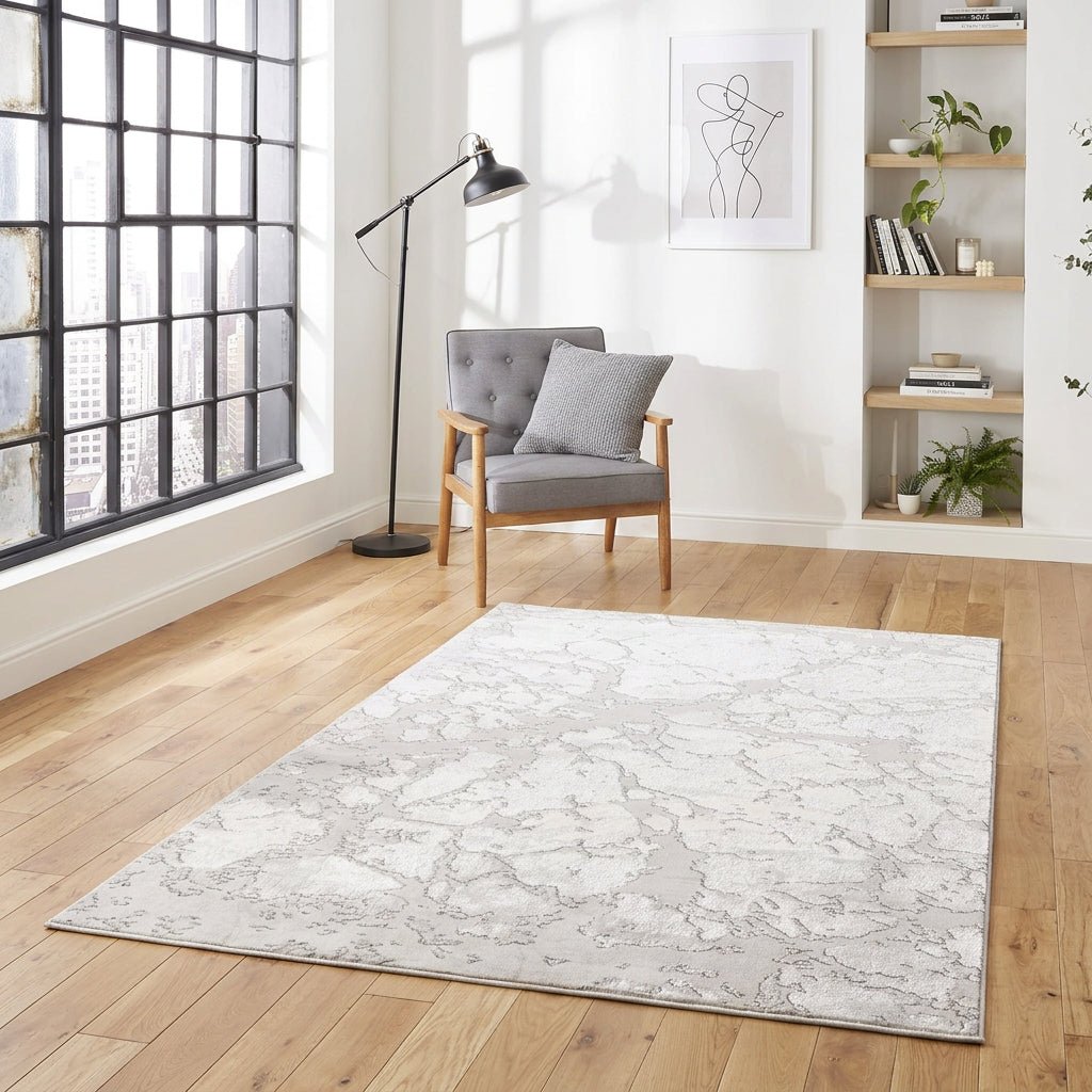 Apollo 2677 Modern Abstract Rug in Grey/Ivory styled in a modern bedroom