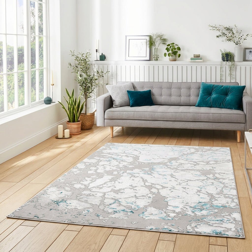 Apollo 2677 Modern Abstract Rug in Grey/Green styled in a modern bedroom