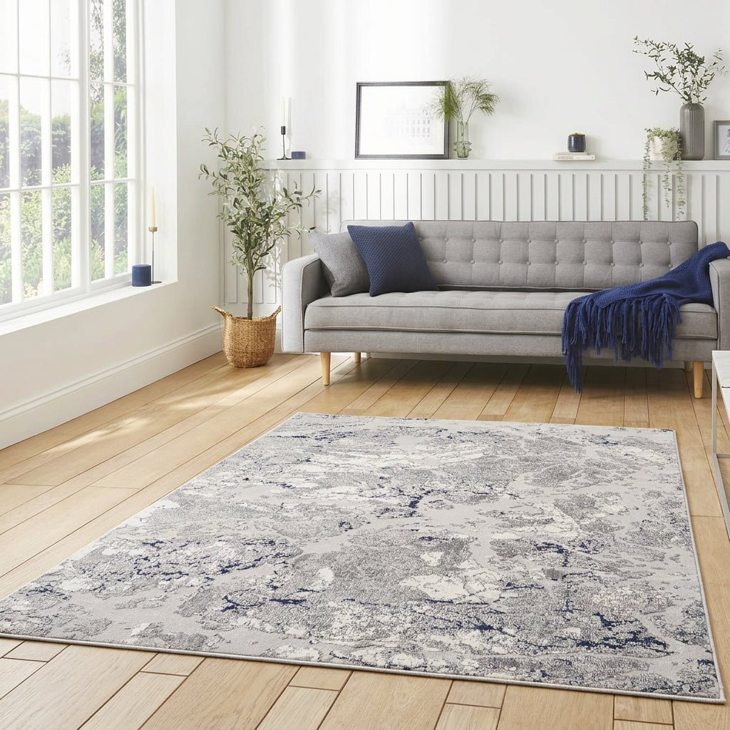 Apollo 2677 Modern Abstract Rug in Grey/Navy styled in a modern bedroom