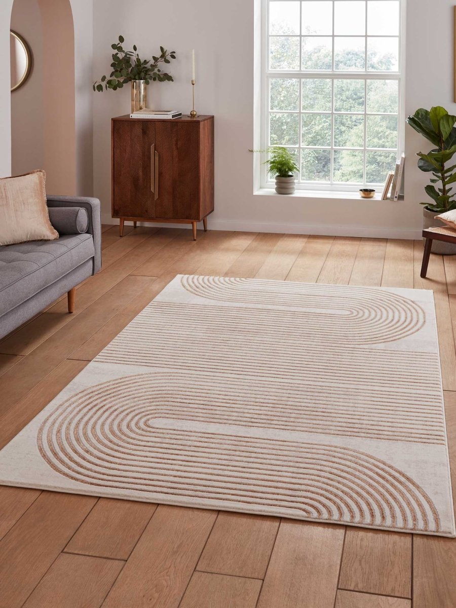Apollo 2683  Modern Linear Rug in Bronze/Grey styled in a modern room