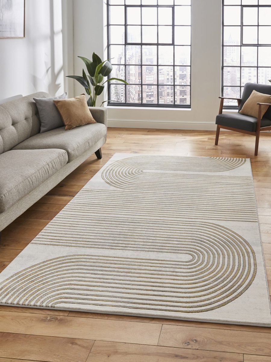 Apollo 2683  Modern Linear Rug in Grey/Gold styled in a modern bedroom