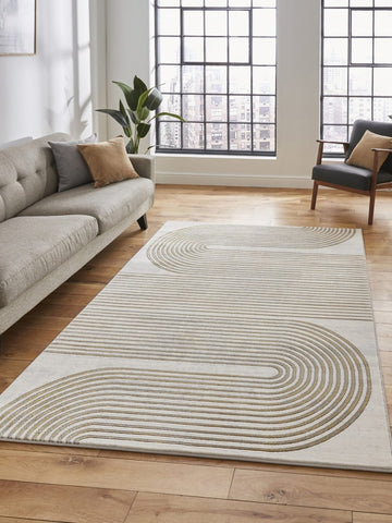 Apollo 2683  Modern Linear Rug in Grey/Gold styled in a modern bedroom