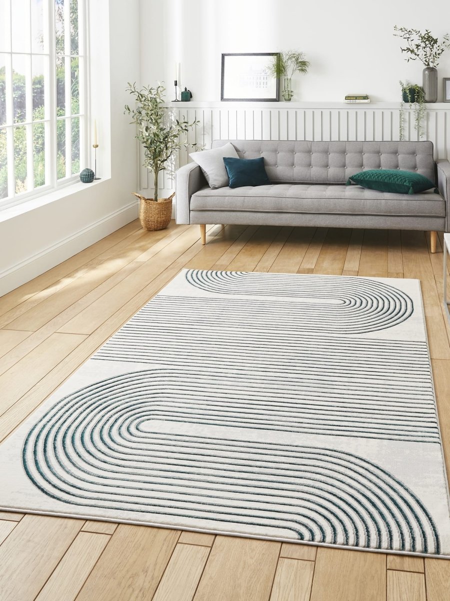 Apollo 2683  Modern Linear Rug in Grey/Green styled in a modern bedroom