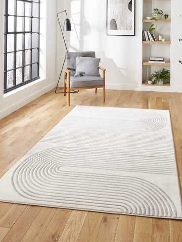 Apollo 2683  Modern Linear Rug in Grey/Ivory styled in a modern room