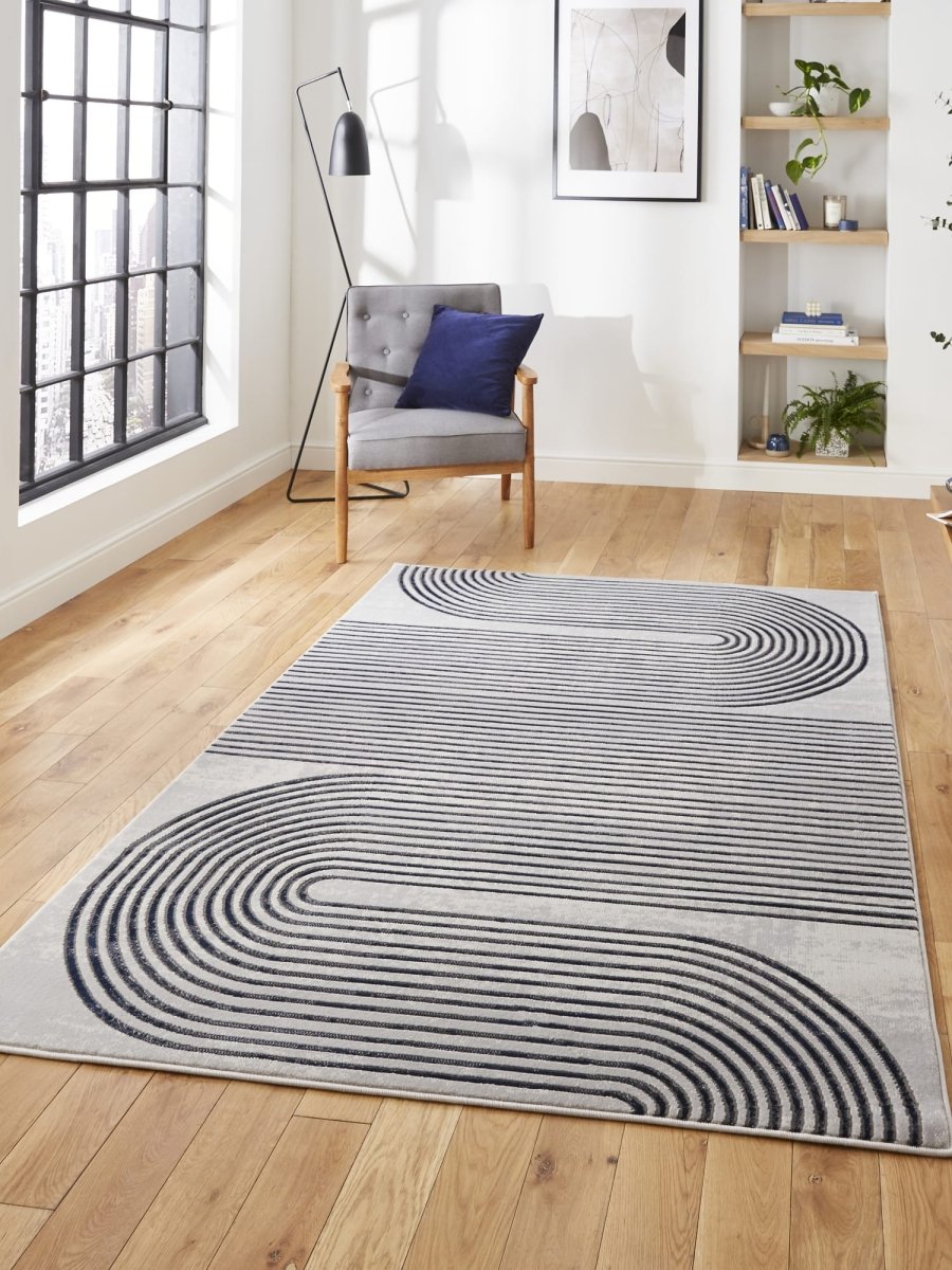 Apollo 2683  Modern Linear Rug in Grey/Navy styled in a modern bedroom