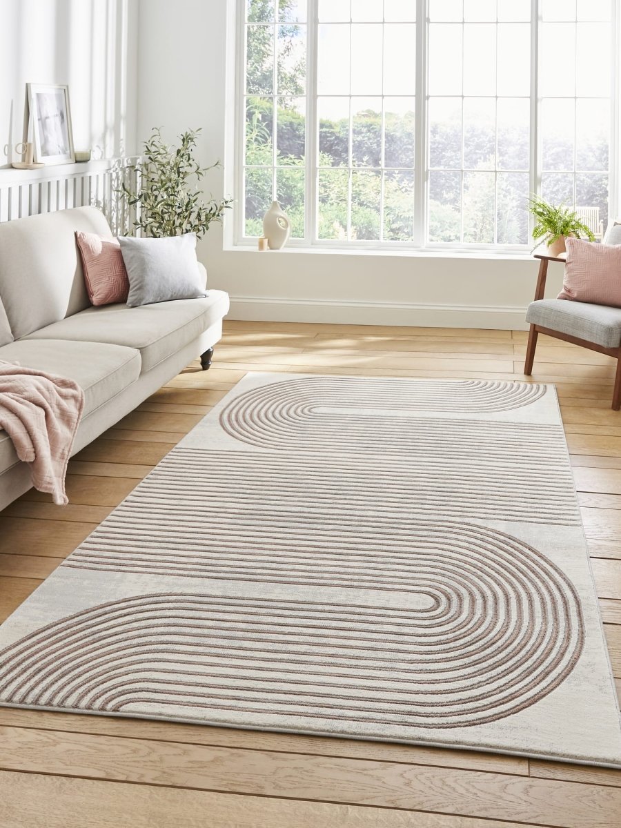Apollo 2683  Modern Linear Rug in Grey/Rose styled in a modern bedroom