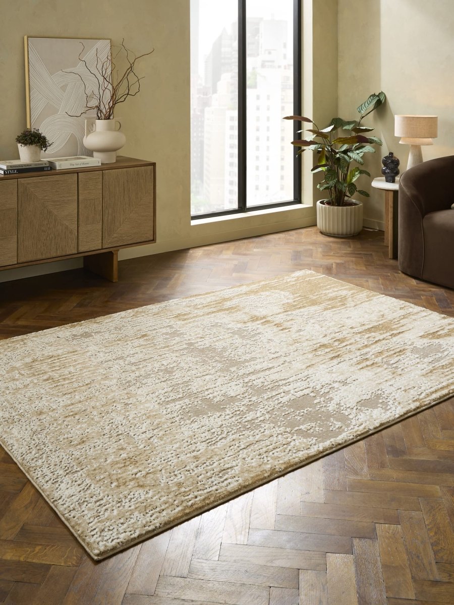Apollo CK406 Modern Abstract Rug in Cream/Beige styled in a modern room