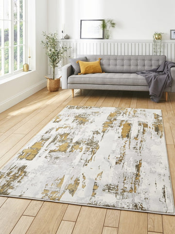 Apollo CR579 Modern Abstract Rug in Grey/Gold styled in a modern room