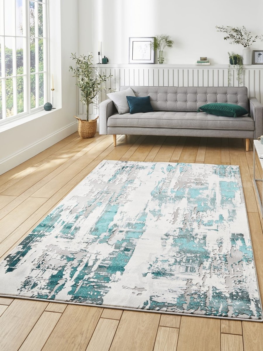 Apollo CR579 Modern Abstract Rug in Grey/Green styled in a modern room