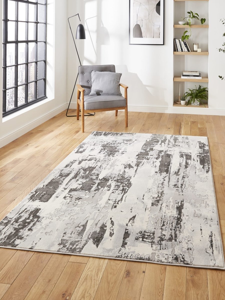 Apollo CR579 Modern Abstract Rug in Grey/Ivory styled in a modern room