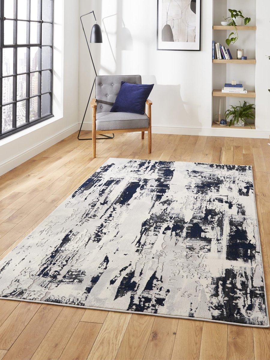Apollo CR579 Modern Abstract Rug in Grey/Navy styled in a modern room