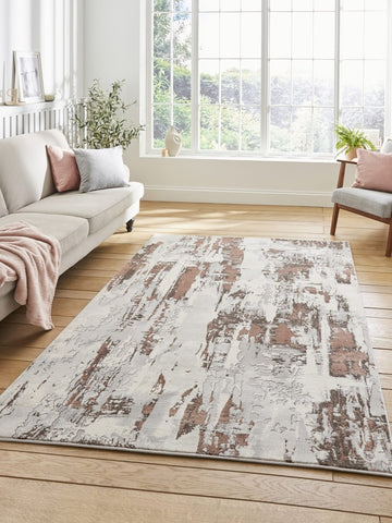 Apollo CR579 Modern Abstract Rug in Grey/Rose styled in a modern room