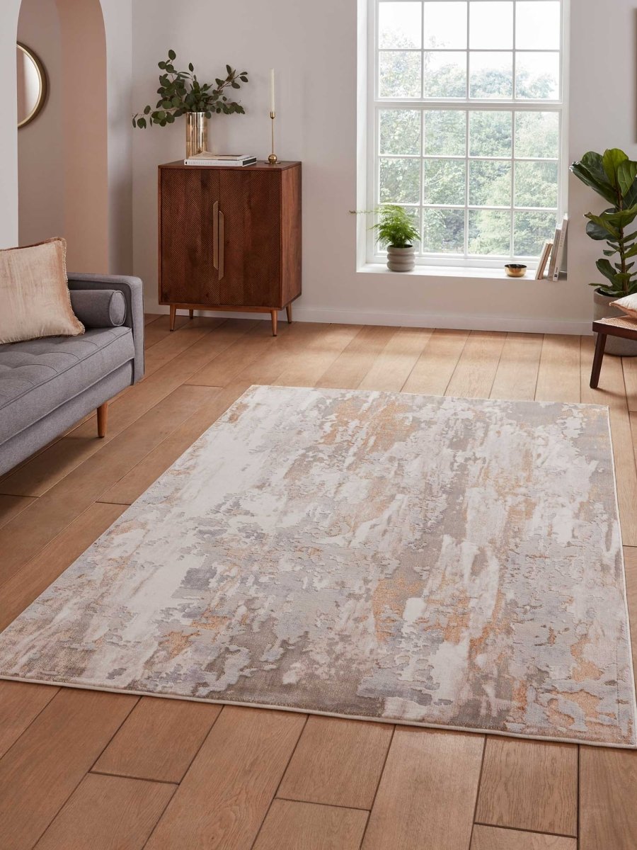Apollo GR580  Modern Abstract Rug in Bronze/Grey styled in a modern room