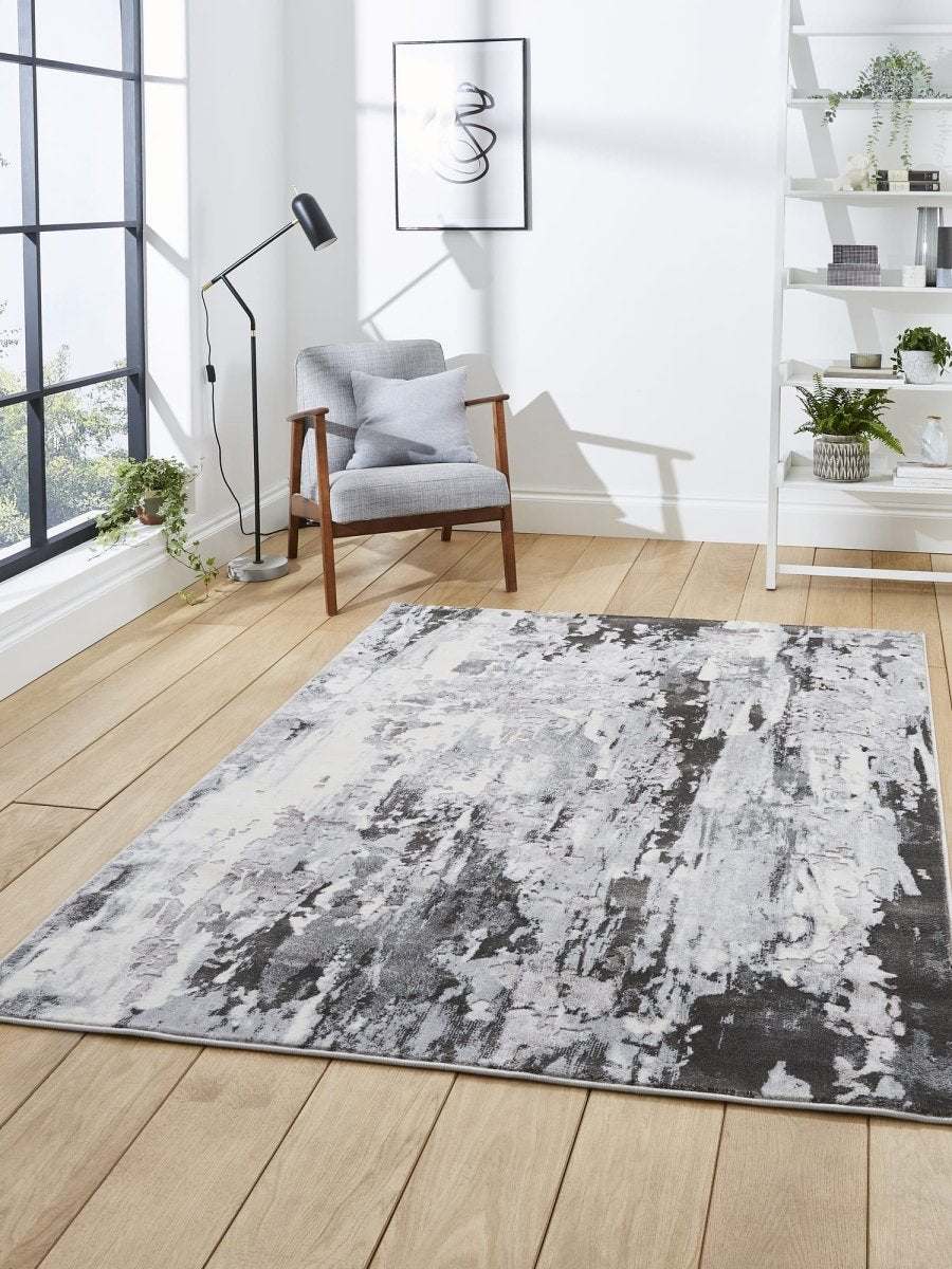 Apollo GR580  Modern Abstract Rug in Grey styled in a modern room