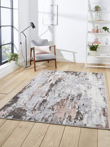 Apollo GR580  Modern Abstract Rug in Grey/Rose styled in a modern room
