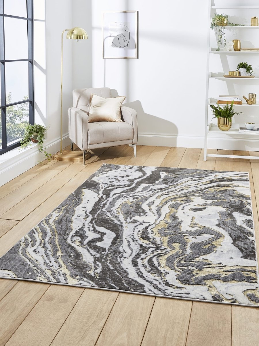 Apollo GR584 Modern Abstract Rug in Grey/Gold styled in a modern room