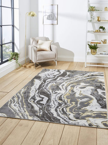 Apollo GR584 Modern Abstract Rug in Grey/Gold styled in a modern room
