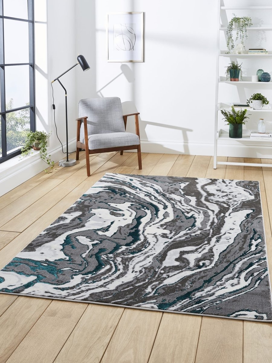 Apollo GR584 Modern Abstract Rug in Grey/Green styled in a modern room