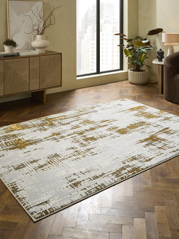 Apollo HE052 Modern Abstract Rug in Grey/Gold styled in a modern room