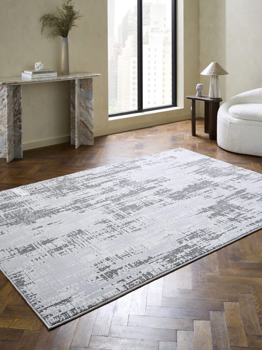 Apollo HE052 Modern Abstract Rug in Grey/Silver styled in a modern room
