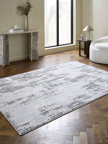 Apollo HE052 Modern Abstract Rug in Grey/Silver styled in a modern room