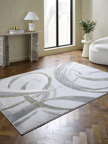 Apollo HF126 Modern Abstract Rug in Grey/Green styled in a modern room
