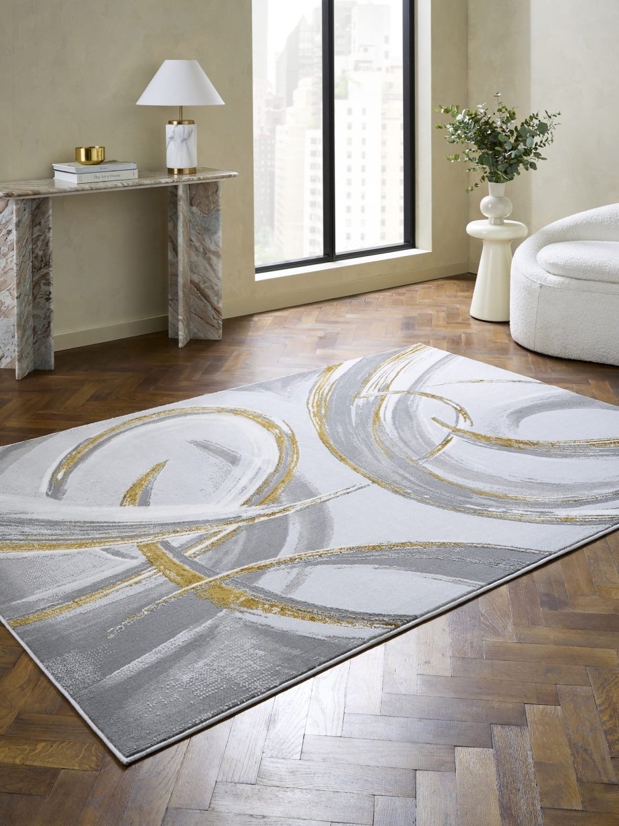 Apollo HF126 Modern Abstract Rug in Grey/Gold styled in a modern room