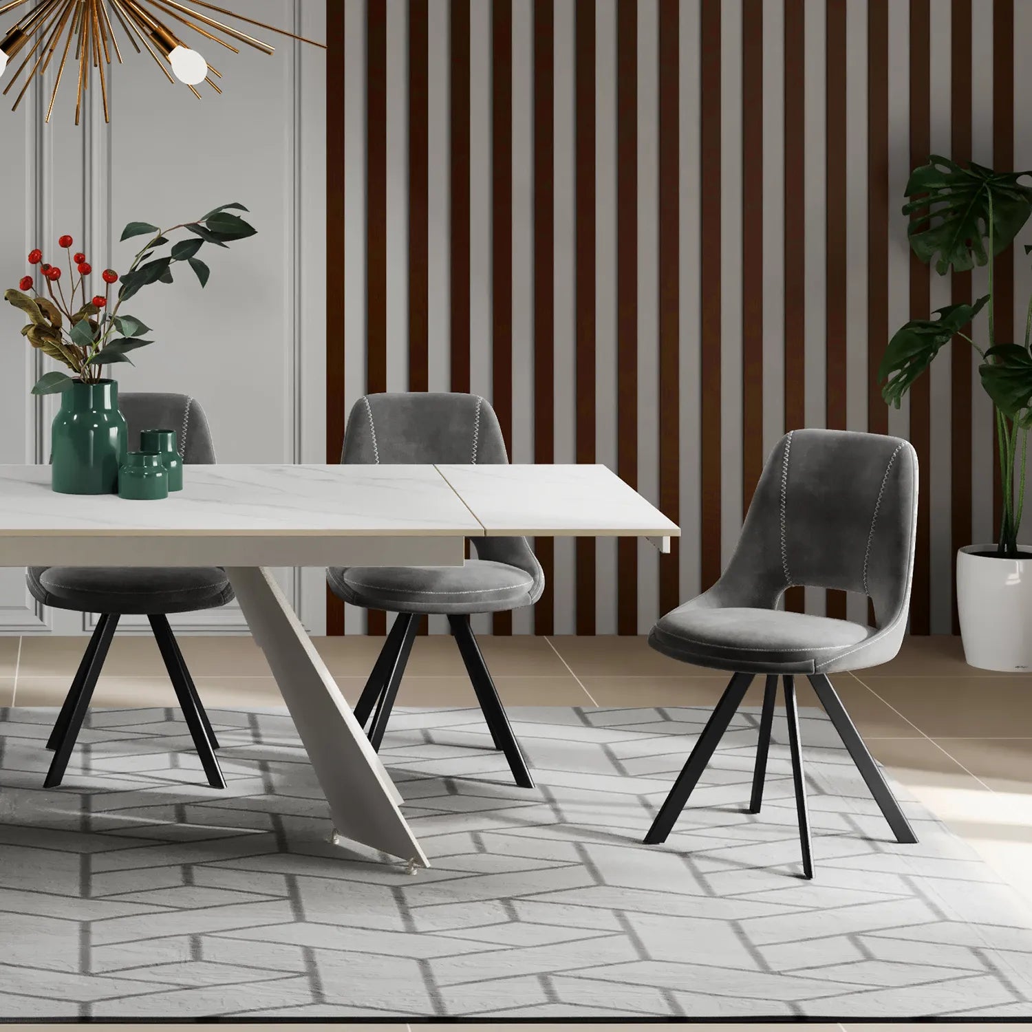 Get Arctic Velvet Fabric Swivel Dining Chairs with Black Legs Set of 4 Pendle Village Furniture