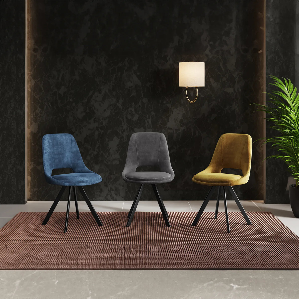 Arctic Velvet Fabric Swivel Dining Chairs with Black Legs - Set of 4 - Pendle Village Furniture