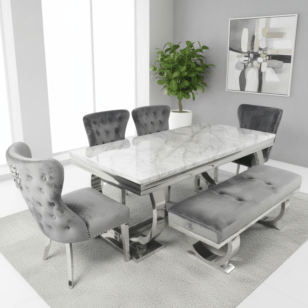 Arianna 2M Marble Top Dining Table with Lion Knocker Chairs and Bench