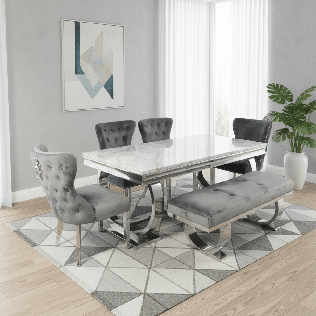Arianna 1.8M Marble Top Dining Table with Lion Knocker Chairs and Bench