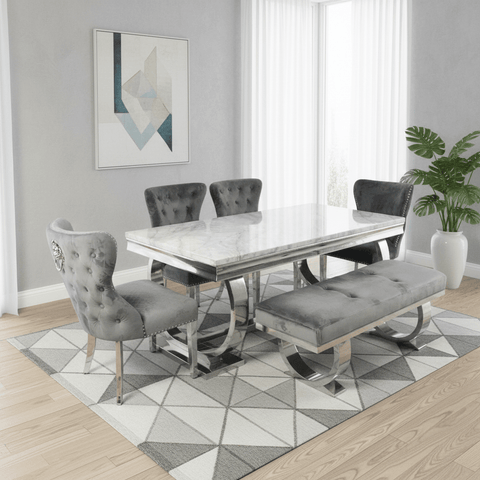 Arianna 1.8M Marble Top Dining Table with Lion Knocker Chairs and Bench