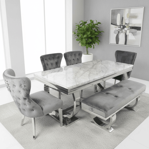 Arianna 2M Marble Top Dining Table with Lion Knocker Chairs and Bench