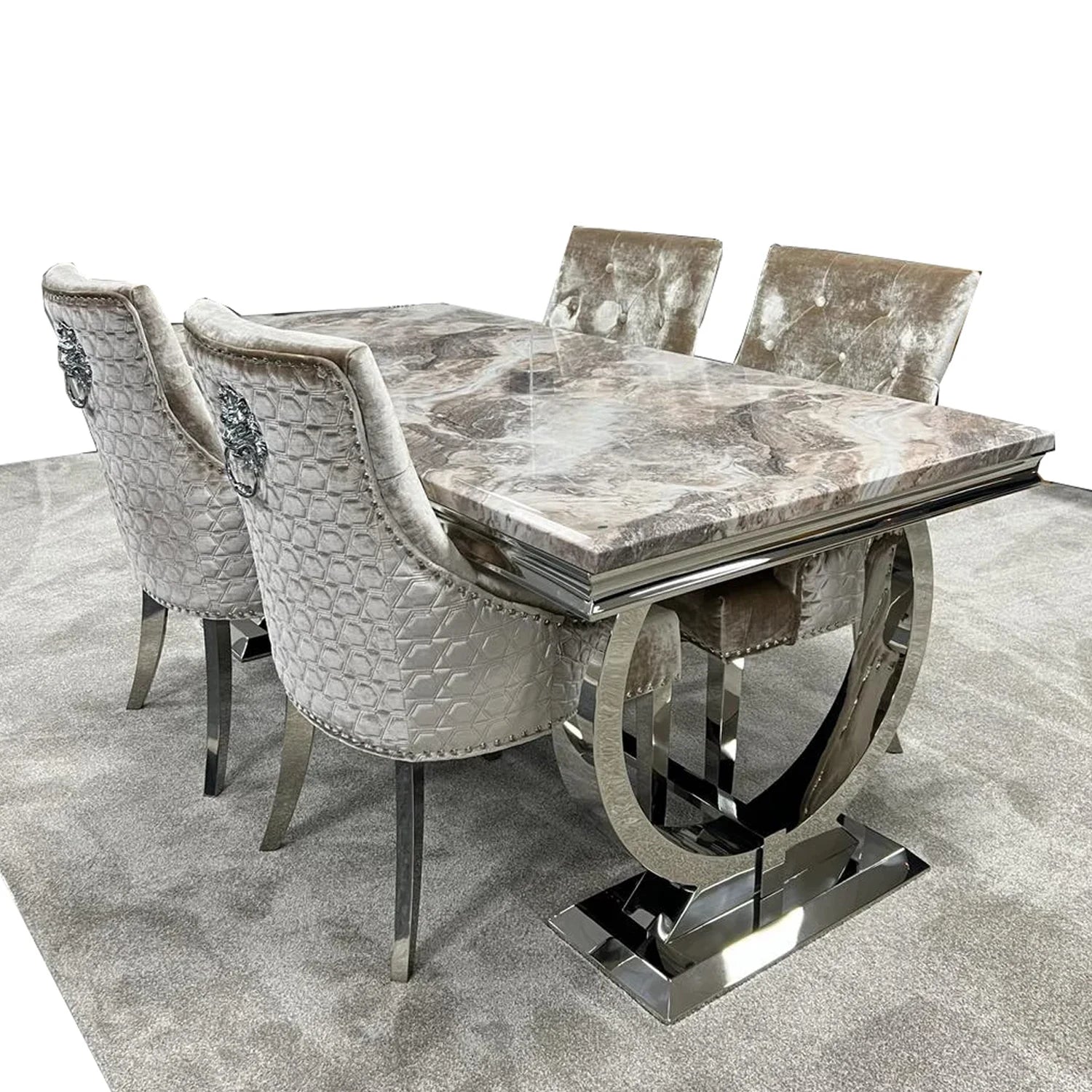 Arianna 1.8M Brown Marble Top Dining Table with Lion Knocker Chairs - Pendle Village Furniture