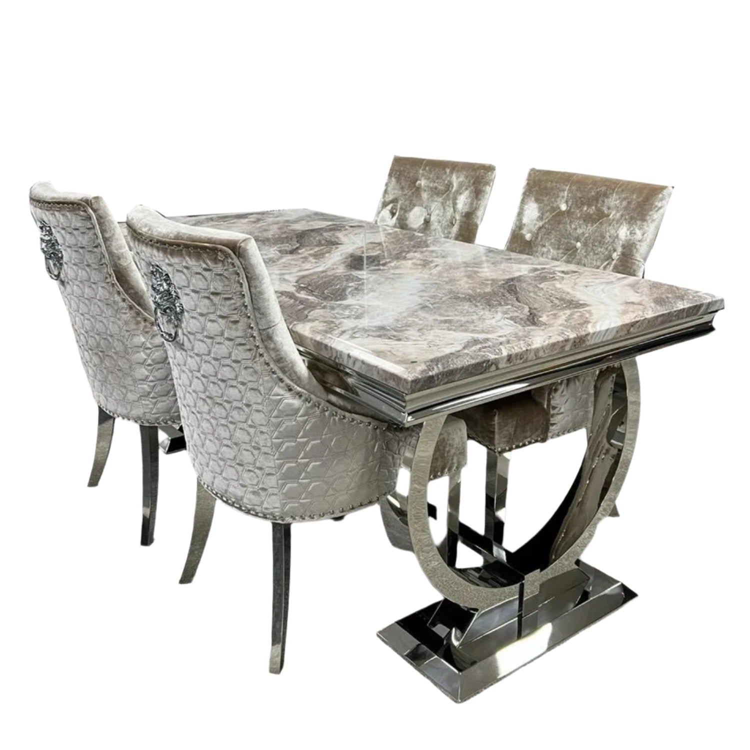 Arianna 1.8M Brown Marble Top Dining Table with Lion Knocker Chairs - Pendle Village Furniture