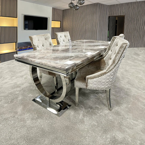 Arianna 1.8M Brown Marble Top Dining Table with Lion Knocker Chairs - Pendle Village Furniture