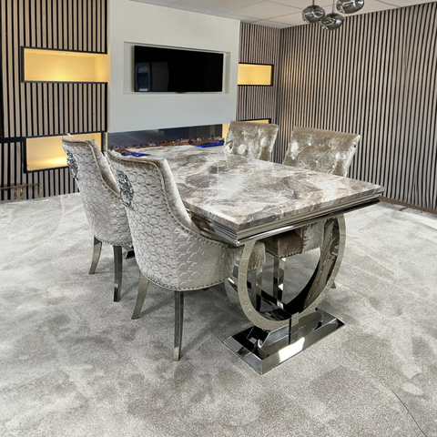 Arianna 1.8M Brown Marble Top Dining Table with Lion Knocker Chairs - Pendle Village Furniture