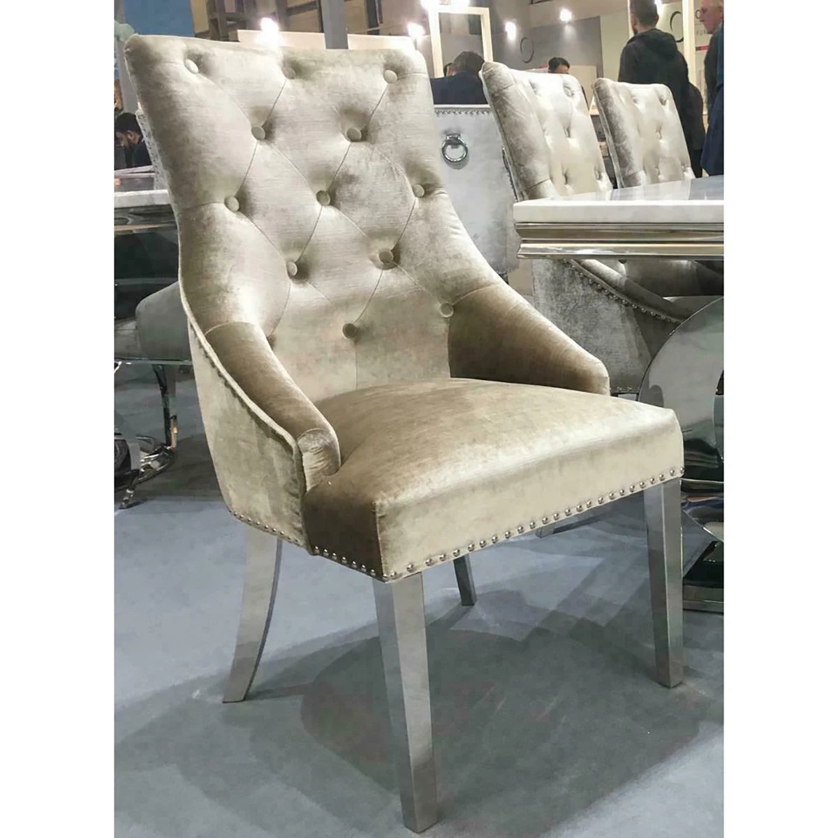 Arianna Cream Marble Top Dining Table with Ring Knocker Chairs