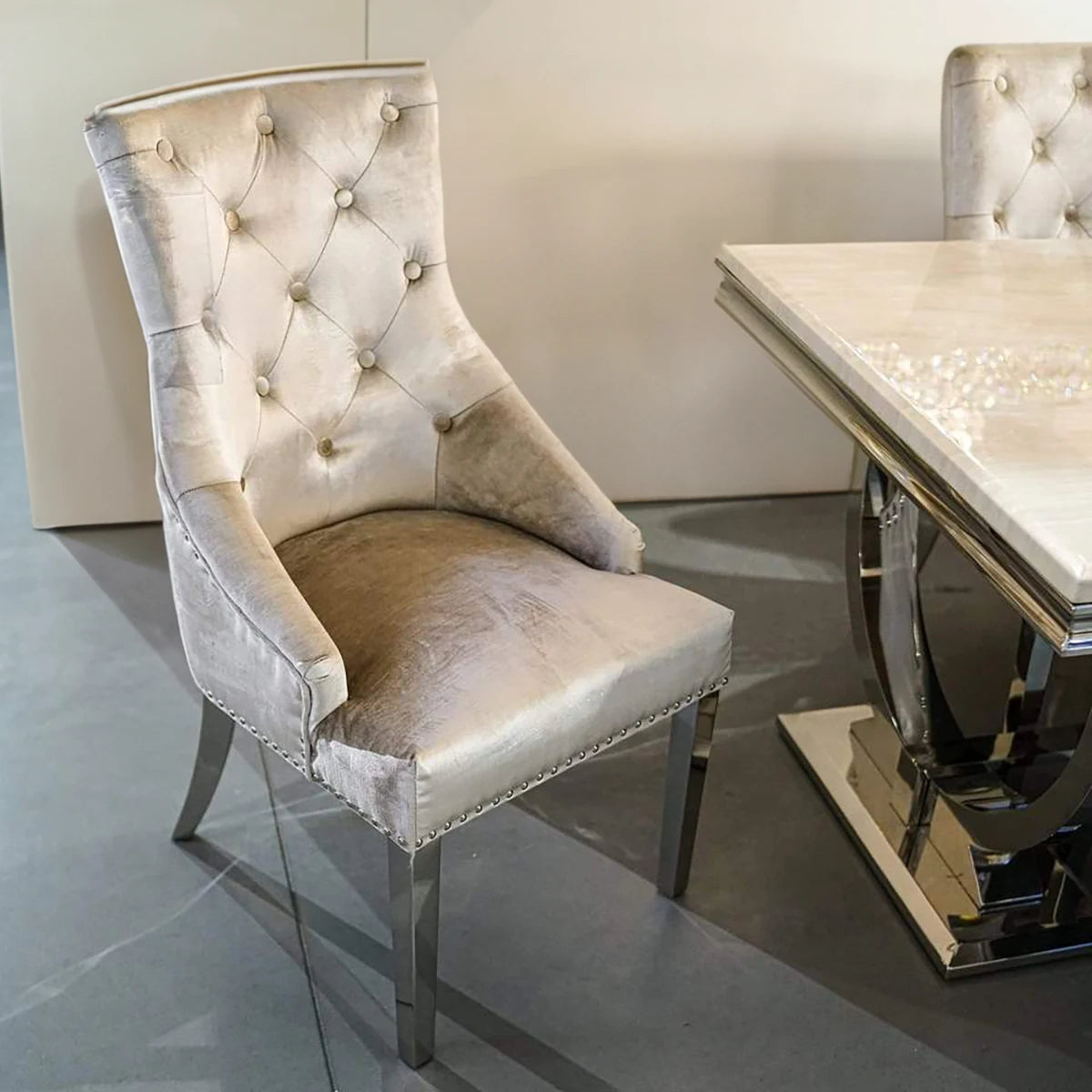 Arianna Cream Marble Top Dining Table with Ring Knocker Chairs