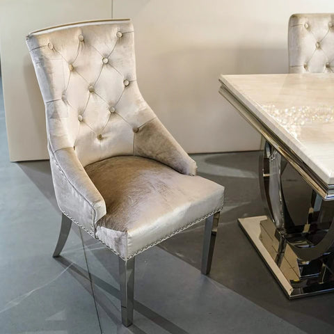 Arianna Cream Marble Top Dining Table with Ring Knocker Chairs