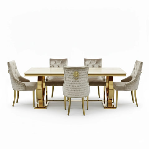 Arianna Gold Marble Dining Table with Roma Mink Chairs - Pendle Village Furniture