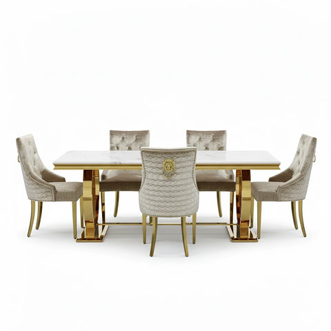Arianna Gold Marble Dining Table with Roma Mink Chairs - Pendle Village Furniture