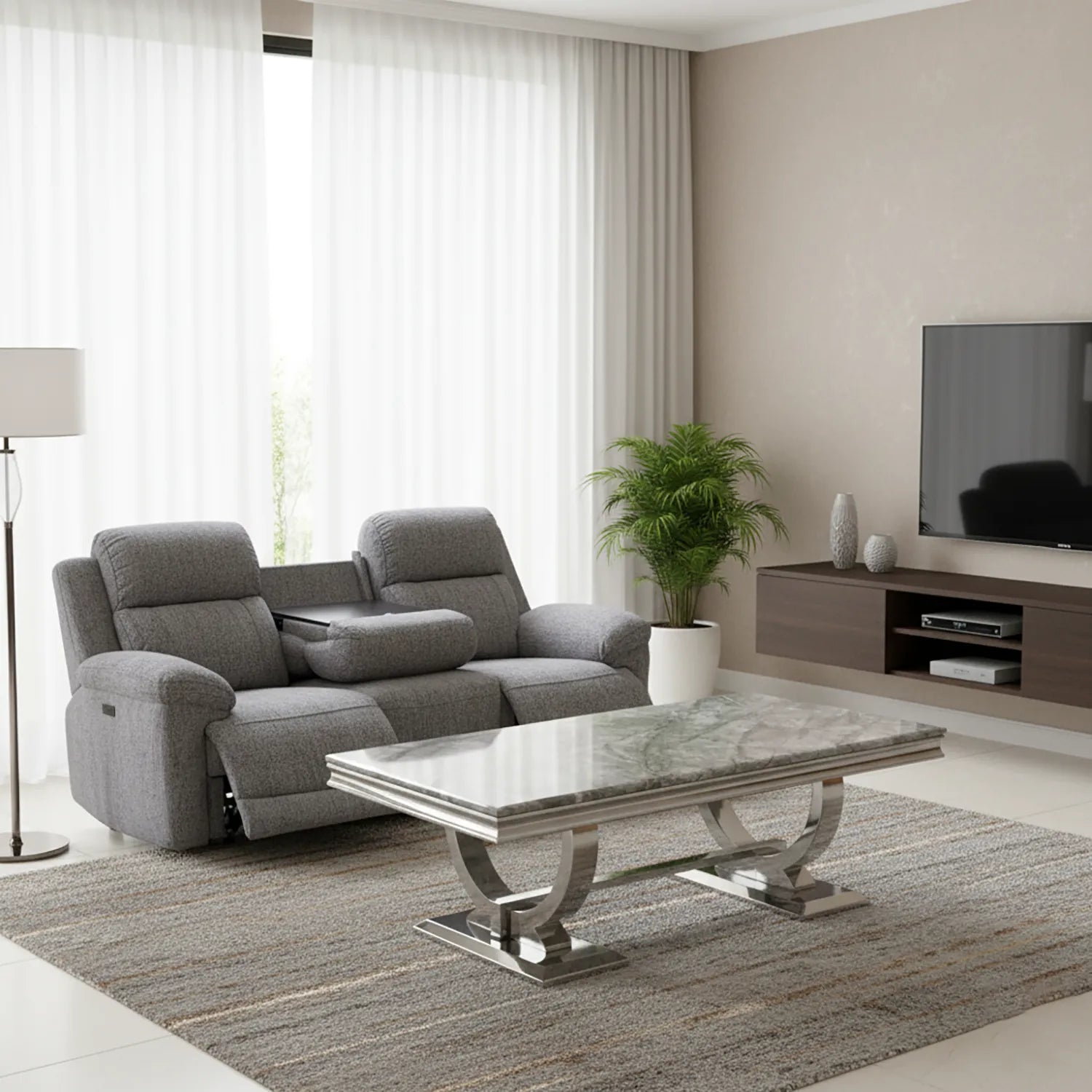 Arianna Light Grey Marble and Chrome Coffee Table - Pendle Village Furniture