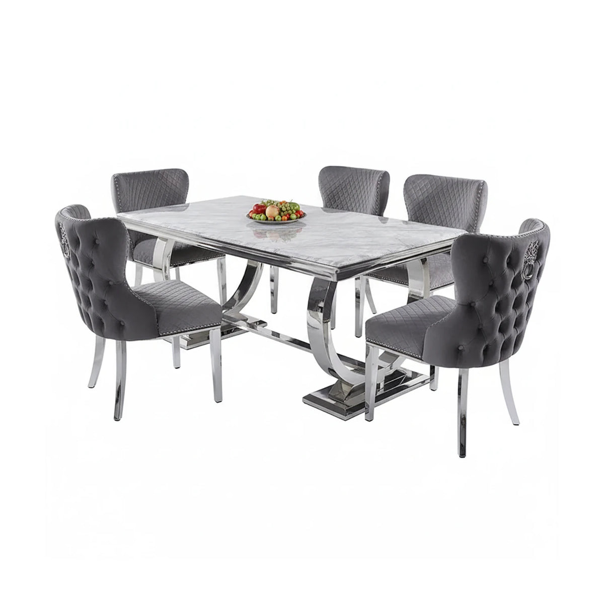 Arianna Marble Top Dining Table with London Lion Knocker Chairs - Pendle Village Furniture