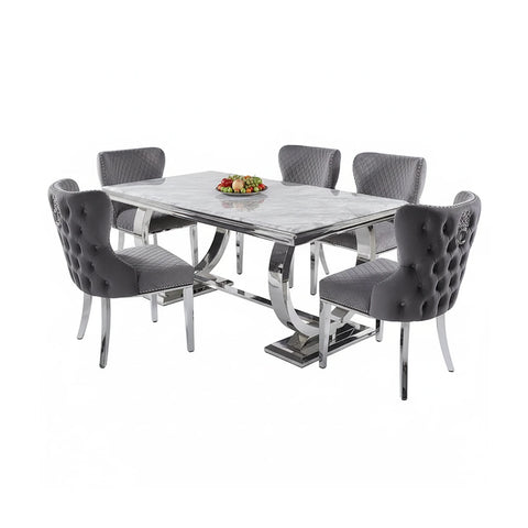 Arianna Marble Top Dining Table with London Lion Knocker Chairs - Pendle Village Furniture