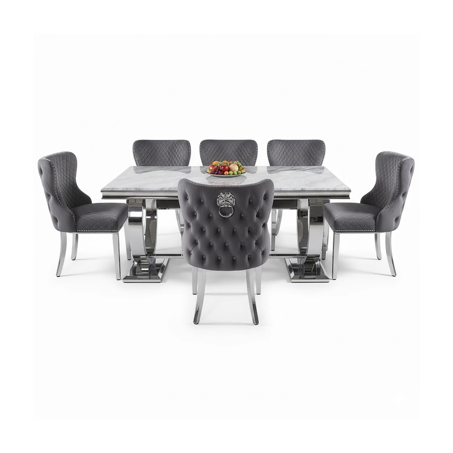 Arianna Marble Top Dining Table with London Lion Knocker Chairs - Pendle Village Furniture